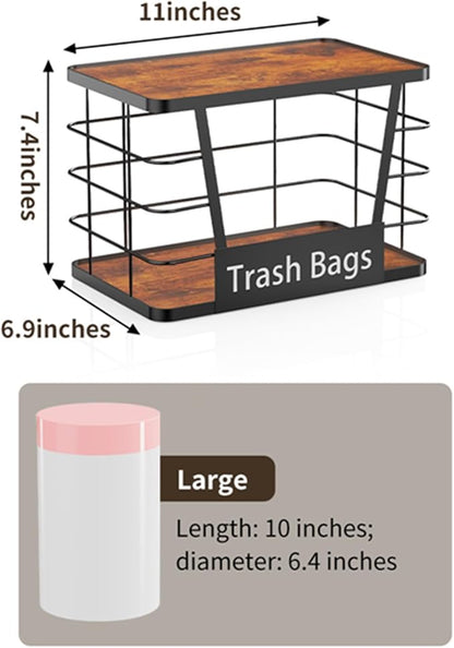 Three colors Trash Bag Holder, Stackable Trash Bag Dispenser with Rustic Wood, Garbage Bag Dispenser Under Sink Organizer for Kitchen Laundry, Adhesive Wall Mount or Countertop,1 Pack