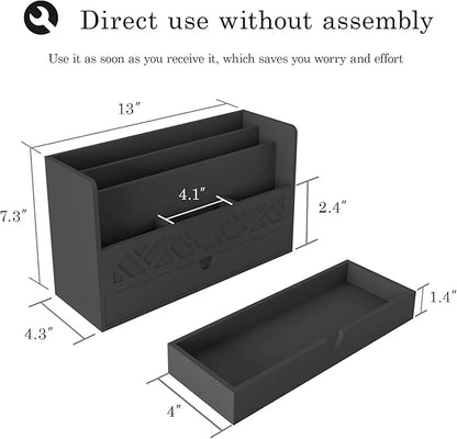 Bamboo Mail Organizer Countertop Desktop with Drawer - Desk Organizer with File Organizer for Office Supplies All-in-One Desk File Organization with Pencil Holder for Paper Letter Envelope Bill