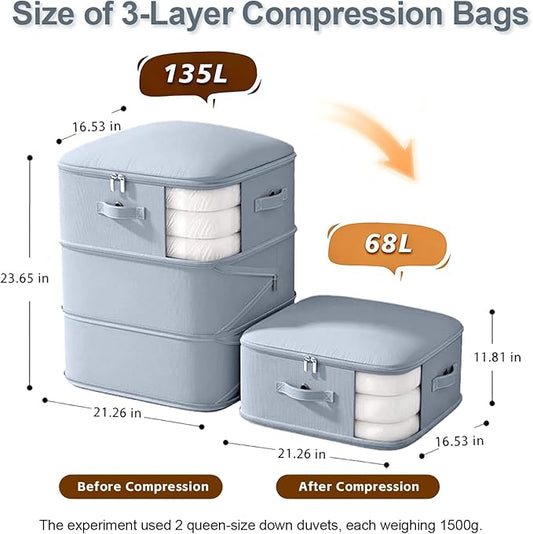135L Jumbo Self-Compressing Storage Bags for Comforters and Blankets, Space-Saving Closet Organizers and Storage, Durable Bedding Storage Bags, 2 Pack
