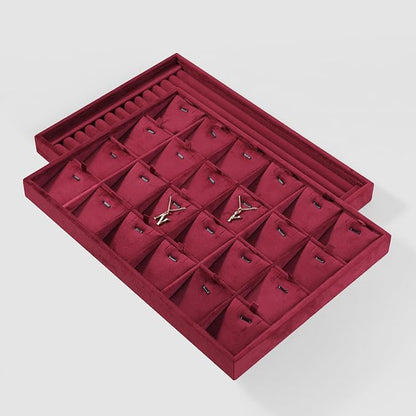 Velvet Necklace Display Tray, Stackable 24 Grid Insert Pendant Necklaces Storage Holder Plate, Jewelry Retail Countertop Organizer (Red)