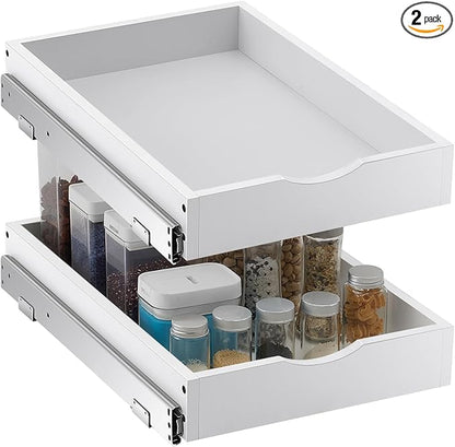 Menkxi 2 Set Pull out Tray Cabinet Organizer Wooden Pull Drawers storage Slide out Pantry Shelf for Base Cabinet Kitchen Gentle Close Fully Assembled Accessories(White,15'' X 21'' X 3'')