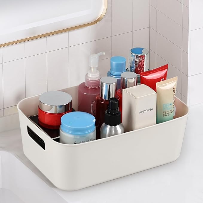 6 Packs Plastic Storage Basket Bins, Organizer Containers for Kitchen, Closet, Pantry, Fridge, White