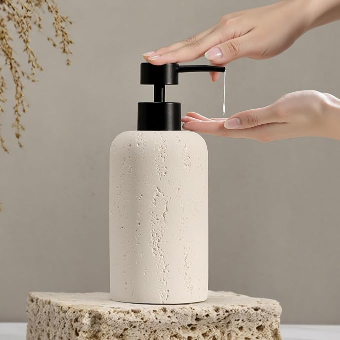 Haocoott Soap Dispensers 400mL 13.5 OZ, 2 PCS Luxurious Hand Dish Lotion Shampoo Soap Dispenser Jar, Travertine Soap Pump Bottles for Kitchen Bathroom Countertop (Cream)
