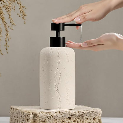 Haocoott Soap Dispensers 400mL 13.5 OZ, 2 PCS Luxurious Hand Dish Lotion Shampoo Soap Dispenser Jar, Travertine Soap Pump Bottles for Kitchen Bathroom Countertop (Cream)
