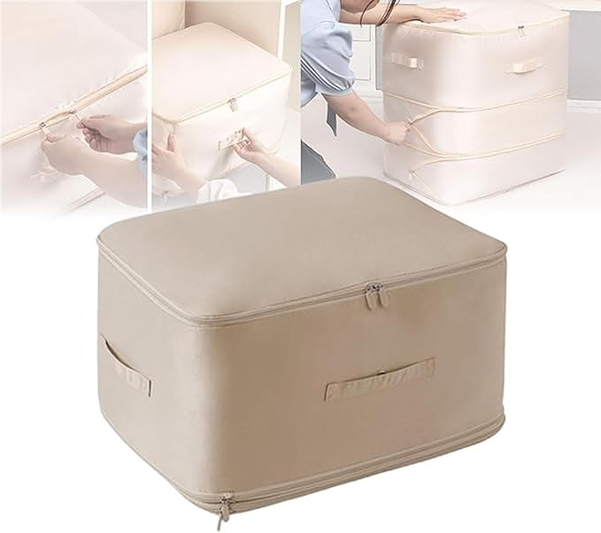 HEVOY Ultra Space Saving Self Compression Organizer, Self Compression Storage Bags, Foldable Closet Organizers Storage Tote, Moving Bag Containers with Handle for Comforters, Blankets (Beige, Medium)