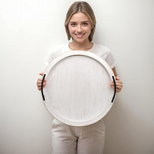 SwallowLiving 18Inch White Wooden Beaded Serving Tray with Handle Decorative Rustic Whitewashed Tray for Coffee Table Farmhouse Round Tray for Kitchen, Living Room and Bedroom