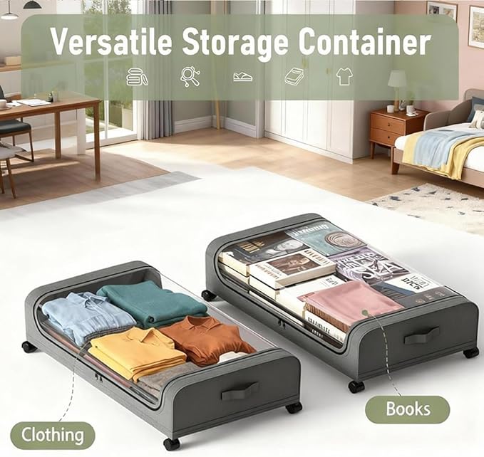 JALUNIVERSAL TRI Under Bed Storage with Wheels, 6.7'' Tall Underbed Storage Containers with Lids - Rolling Bins for Shoes Clothes Blankets (Grey, 2-Pack XXL)