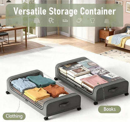JALUNIVERSAL TRI Under Bed Storage with Wheels, 6.7'' Tall Underbed Storage Containers with Lids - Rolling Bins for Shoes Clothes Blankets (Grey, 2-Pack XXL)