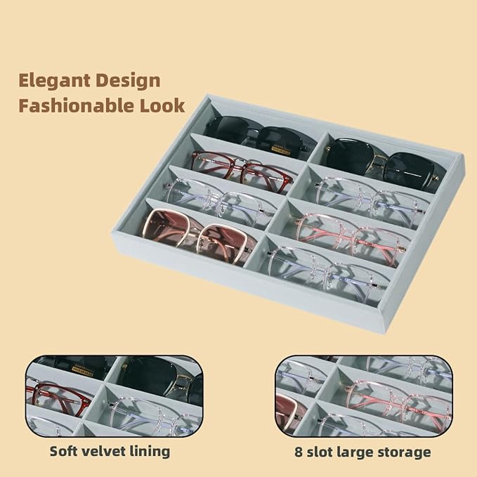 XHMQYC Glasses Holder Box Drawer Sunglass Organizer for Men Clear Wide Storage Case 8 Slots Multiple Reading Glasses Display, Gray Velvet