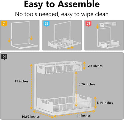 Under Kitchen Sink Organizers and Storage Pull Out 2 Tier Metal Bathroom Cabinet Organizer (White, 1 Pack)
