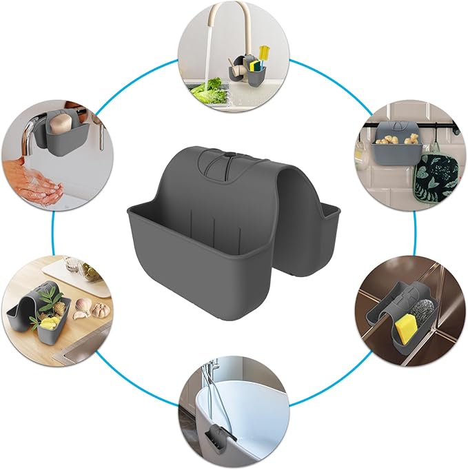 VPASION Sponge Holder for Kitchen Sink, Silicone Sink Saddle Caddy Organizer Rack, Sponges Holder Over Faucet, Hanging Kitchen Organizer Accessories Rack Basket Dark Gray
