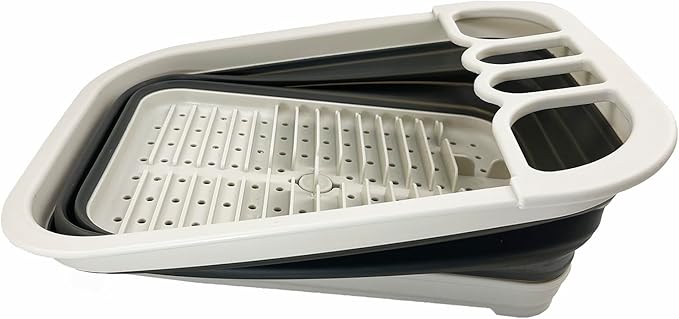 SAMMART 7.3L (1.9 Gallon) Collapsible Dish Drainer with Drainer Board - Foldable Drying Rack Set - Portable Dinnerware Organizer - Space Saving Utensil Kitchen Storage Tray (1, Grey/Washed Black)