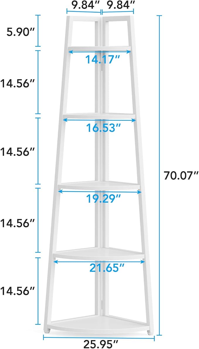 Tribesigns 70 inch Tall Corner Shelf, 5 Tier Modern Corner Bookshelf Bookcase Industrial Corner Ladder Shelf Plant Stand for Living Room, Kitchen, Home Office (White)