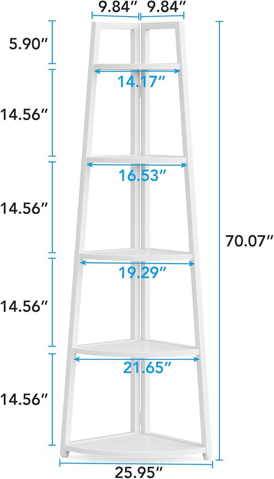 Tribesigns 70 inch Tall Corner Shelf, 5 Tier Modern Corner Bookshelf Bookcase Industrial Corner Ladder Shelf Plant Stand for Living Room, Kitchen, Home Office (White)
