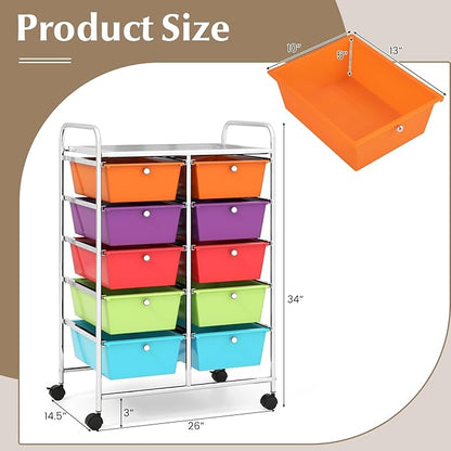 GOFLAME 10-Drawer Rolling Storage Cart, Art Craft Storage Organizer on Wheels, Multipurpose Movable Utility Cart for School, Office and Home, Multicolor