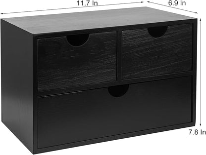Rustic Distressed white 3-Tier Wood Desk Organizer with 3 Drawers Mini Storage Shelf, Toiletries Vanity Office Supplies (pitch-dark)