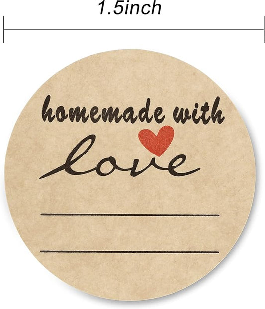 1.5" Homemade with Love Stickers, 500 Pcs Kraft Jar Canning Label Stickers for Baked Packaging, Cookie Bags, Fudge Containers, Store Owners, Crafts, Organizing, Price Tags
