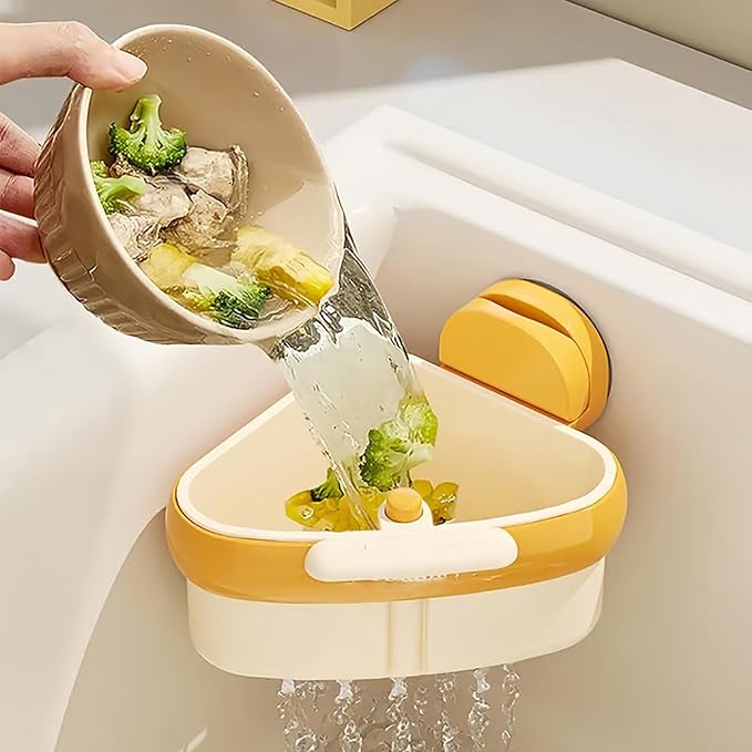 Suction Cup Sink Corner Rack – Triangular Basket with Drain, Self-Cleaning Strainer & Sponge Holder, No-Drill Wall Storage (Yellow)