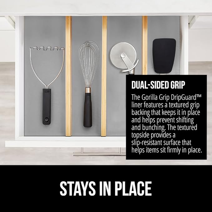 GORILLA GRIP DripGuard Shelf Liner, Non Adhesive Drawer and Kitchen Cabinet Protector, Slip Resistant BPA Free Smooth Surface Plastic Liners for Cabinets, Bathrooms, Closets, 17.5x120 Inch, Gray