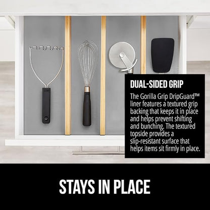 GORILLA GRIP DripGuard Shelf Liner, Non Adhesive Drawer and Kitchen Cabinet Protector, Slip Resistant BPA Free Smooth Surface Plastic Liners for Cabinets, Bathrooms, Closets, 17.5x120 Inch, Gray
