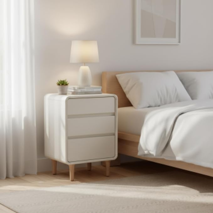 Vadisun 3-Drawers White Wood Nightstand, Mid Century Modern Nightstands, Tall Night Stand for Bedroom, Wood Bedside Tables for Dorm, Sturdy(Rubberwood, 24.88" H)