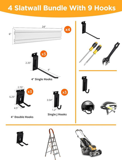 Slat Wall Paneling Garage Tool Organizer Wall Mount 4 Pack with Adjustable Metal Hooks 9 Pack, Garage Slat Wall Storage Systems Garage Storage & Organization Products, White Slatwall Total 96 inch