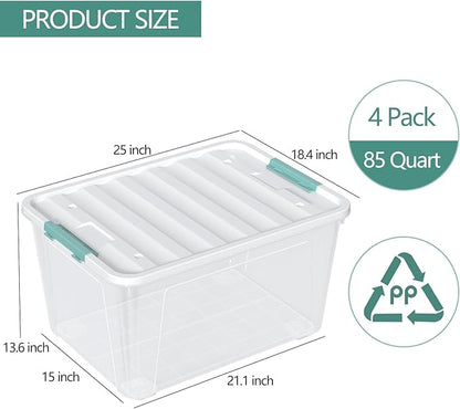 Aninhao 85 Quart Clear Plastic Storage Bin with Wheels, 4-Pack Large Latching Storage Box with Lid
