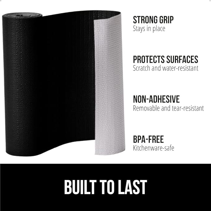GORILLA GRIP DripGuard Shelf Liner, Non Adhesive Drawer and Kitchen Cabinet Protector, Slip Resistant BPA Free Smooth Surface Plastic Liners for Cabinets, Bathrooms, Closets, 12x240 Inch, Black