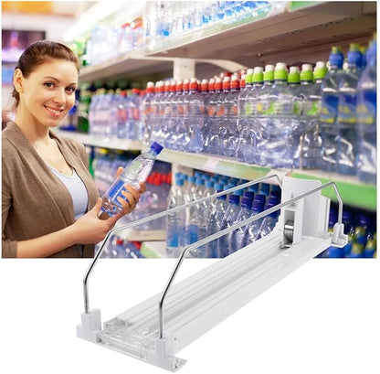 PRETYZOOM Drink Organizer for Fridge White Plastic Automatic Pusher Glide, 12'' Depth Self-Pushing Drinking Bottle Rack, Soda Dispenser for Fridge, Shelves