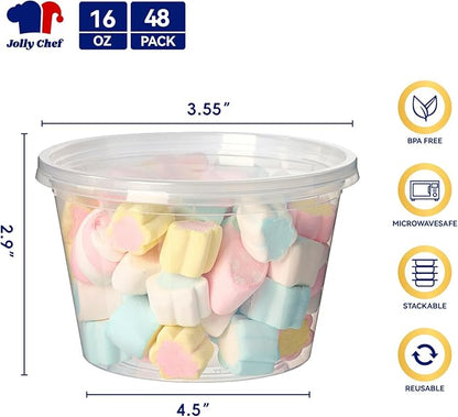 JOLLY CHEF Deli Food Storage Containers with Lids 16 OZ 48 Set, Slime, Soup, Meal Prep Containers, BPA Free,Microwavable, Freezer Safe,Takeout Meal Prep Storage