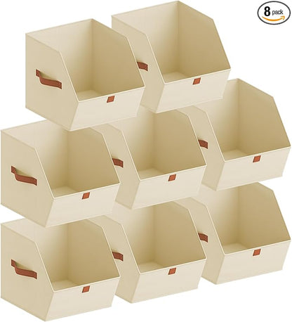 Fabric Closet Storage Cubes - 8 Pack Square Storage Bins with Dual Handles for Clothes, Towels, Toys, Cube Storage Organizers for Bedroom, Nursery, Shelves, Closet, Small Spaces, Light Beige