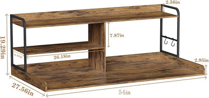Washer and Dryer Countertop with Shelves, 54" x 27.56" 3 Tiers Large Laundry Topper with 2.95" Edge Rails, Laundry Room Storage and Organization with 2 Hooks and Non-Slip Pads