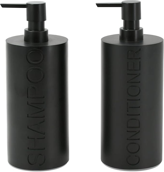 2-Pack Matte Black Resin Refillable Shampoo & Conditioner Bottles – Modern Bathroom Pump Dispenser Set, Durable Resin Shower Containers with Embossed Labels, Reusable Pump Bottle