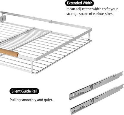 Pull Out Cabinet Organizer,Adjustable Width W:14.9”-25.9” x D:22.5”,Expandable Slide Out Wire Storage Drawer,Heavy Duty Stainless Steel Gliding Cupboard Shelf for Pots and Pans Storage,Chrome Plated