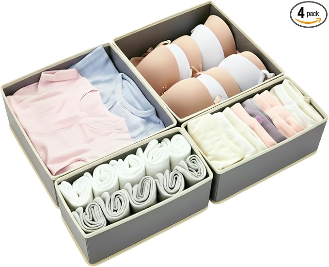 Drawer Organizer Set 4 Pack - 11" Fabric Storage Bins for Underwear Socks Bras Baby Clothes - Closet Dresser Dividers for Bedroom Nursery, Light Grey