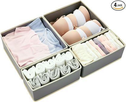 Drawer Organizer Set 4 Pack - 11" Fabric Storage Bins for Underwear Socks Bras Baby Clothes - Closet Dresser Dividers for Bedroom Nursery, Light Grey