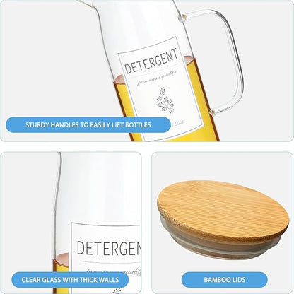 Laundry Detergent Dispenser Set with Bamboo Lids and Handles - Easy Pour 3 Pack 50 oz Liquid Laundry Containers for Laundry Room Organization and Storage