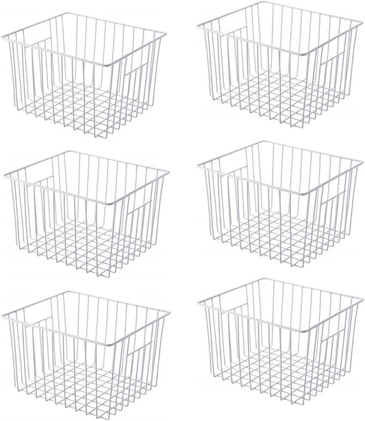 Freezer Basket Organizer, Refrigerator Metal Wire Storage Divider, Household Container Bins with Handles for Kitchen, Pantry, Cabinet, Closets - Pearl White (6, 11in x 10in x 5.5in)