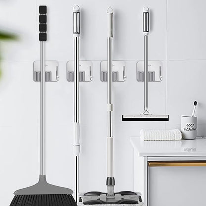Broom Holder Self Adhesive No Drill Wall Mount Mop Broom Organizer with Hook Heavy Duty Stainless Steel Garden Tool Organizer Garage Storage and Organization Hanger (Silver + Grey)