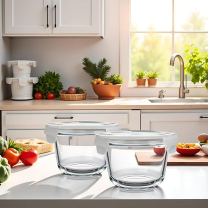 2Cup Glass Soup Container with Airtight lids, 16oz Round Glass food Storage Container, Round Food Bowls BPA free, Leakproof Soup Container, Dishwasher Microwave & Freezer Safe (4 Pack)