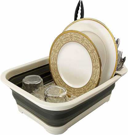 SAMMART Collapsible Dish Drainer with Drainer Board - Foldable Drying Rack Set - Portable Dinnerware Organizer - Space Saving Kitchen Storage Tray (2, Grey/Washed Black)