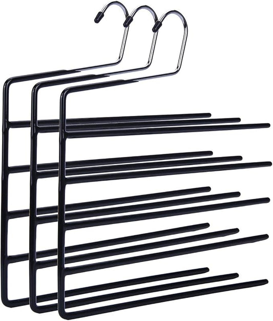 Nature Smile Pants Hangers 3pack, Heavy Duty Multi Layers Space Saving Slack Hangers,Non Slip 5 Tier Open-Ended Pants Hanger Closet Storage Organizer for Garden Flags Trousers Jeans Scarf