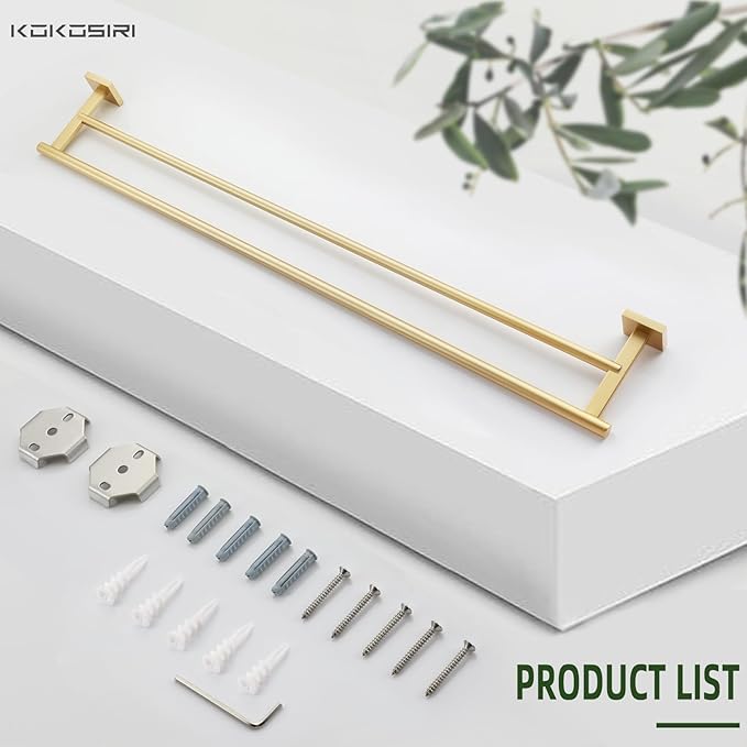 KOKOSIRI Bathroom Towel Bar 36'' Towel Holder with Two Rails Wall Mount Towel Shelves 36 Inch Brushed Gold Stainless Steel B5005BG-L36