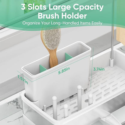 VUSIGN Sponge Holder for Kitchen Sink, Sink Caddy Organizer with Brush Holder, Rustproof Stainless, Self-Draining Sink Organizer for Countertop, Sponges, Brushes, Kitchen Decor and Accessories, White