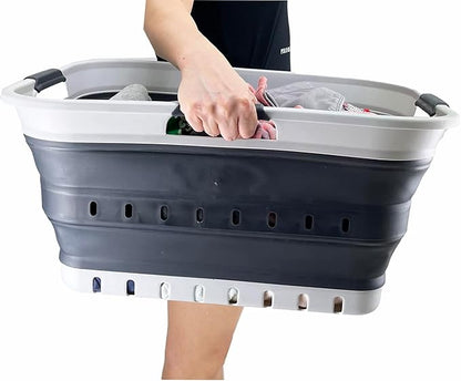 SAMMART 42L (11 gallon) Collapsible Plastic Laundry Basket - Foldable Pop Up Storage Container/Organizer - Space Saving Hamper/Basket (Grey/Charcoal Black)