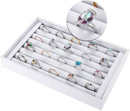 Valyria Velvet 7 Slots Ring Earrings Trays Showcase Display Jewelry Organizer (White PU Leather)
