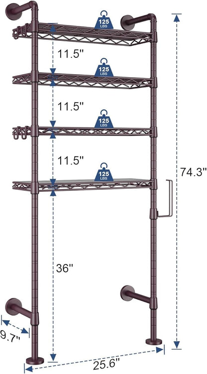 Roxibelt K3 Wall Mounted 4-Tier Over the Toilet Storage，Metal Above Toilet Storage with Paper Hook,Over Toilet Bathroom Organizer with Adjustable Shelf，Above Toilet Rack 9.7"Dx 25.6"Wx 74.3"H,Espresso