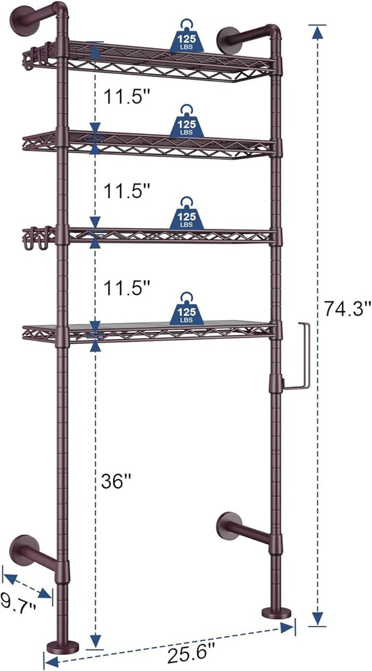 Roxibelt K3 Wall Mounted 4-Tier Over the Toilet Storage，Metal Above Toilet Storage with Paper Hook,Over Toilet Bathroom Organizer with Adjustable Shelf，Above Toilet Rack 9.7"Dx 25.6"Wx 74.3"H,Espresso