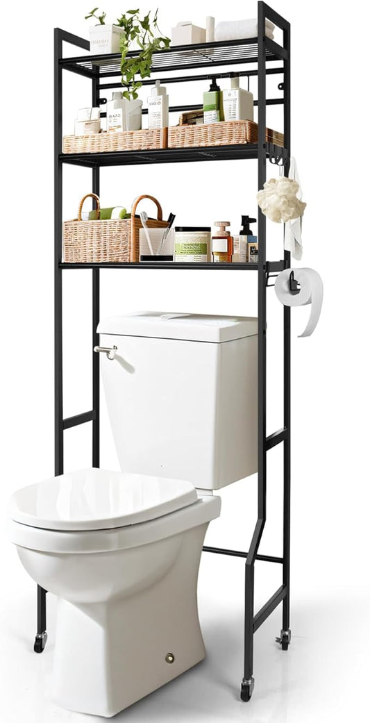IIQ 3-Tier Metal Bathroom Organizer Shelf, Over The Toilet Storage,Freestanding Above Toilet Rack with Universal Wheels Toilet Paper 2 Holder Hooks,Simple Morden