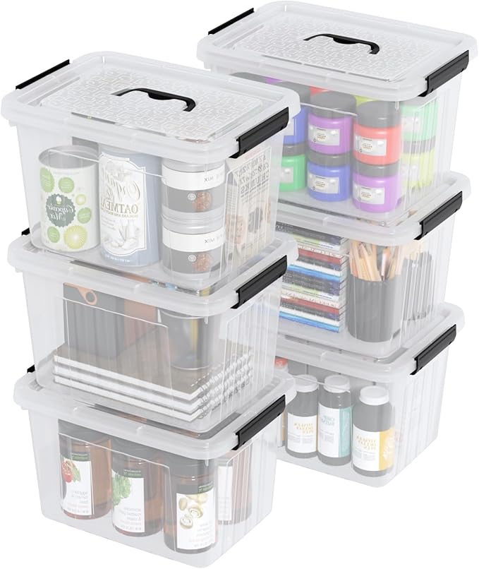 Sadstory 12 Quart Clear Latching Bin with Handle, Plastic Clear Tote Storage with Lid, 6 Packs